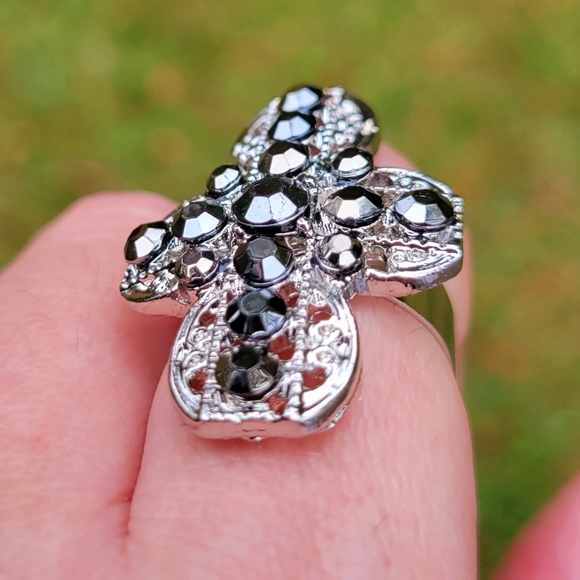 Joy of the Saints Silver Cross Black Crystal Gemstone Ring One Size Fits All - Picture 4 of 12